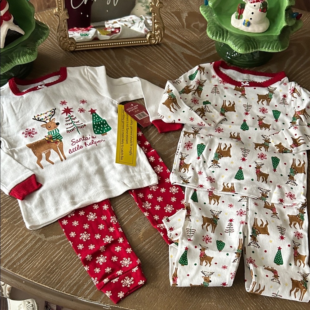 NWT! Set/2 Christmas Holiday Reindeer & Tree Baby Girl Pajamas - Picture 4 of 14